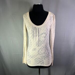 Buckle Blouse Top Womens Medium Beige Paisley Print Sheer Scoop Neck Long Sleeve